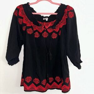 Joy Joy Black and Red Off the Shoulder Embroidered Top